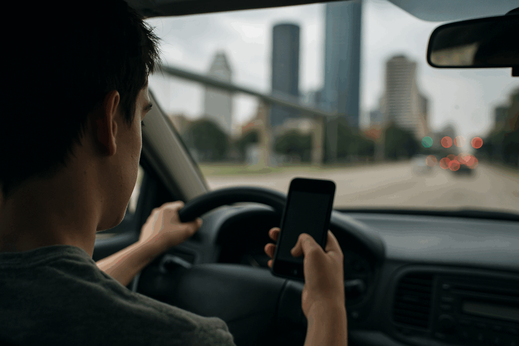 Teen driver in Houston looking at a phone while driving, showing one of the common mistakes new drivers make