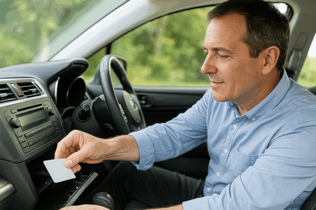 Driver in Houston checking insurance card in glovebox after a car accident