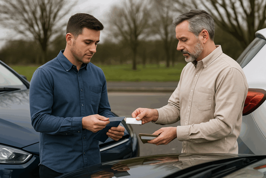 Two drivers exchanging information after a car accident in Houston, highlighting what if the other driver does not have insurance