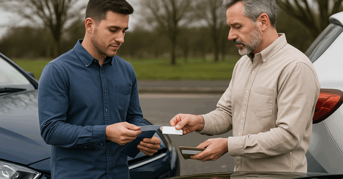 Two drivers exchanging information after a car accident in Houston, highlighting what if the other driver does not have insurance