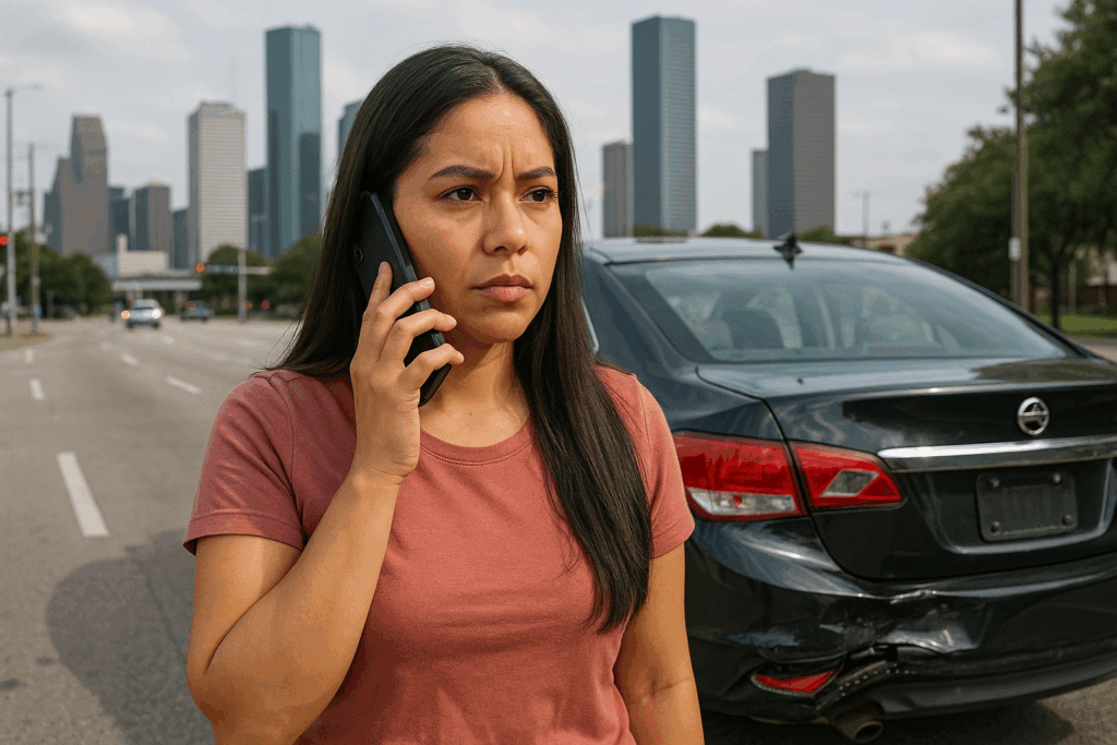 Woman calling for help after a commercial vehicle accident in Houston with a damaged car in the background. Attorney Don McClure provides general information for Houston, Pasadena and surrounding areas.