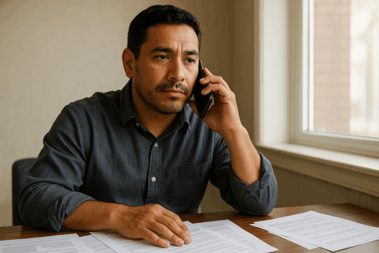 Man on phone reviewing paperwork during a free consultation after a car accident in Houston. Attorney Don McClure provides general information for Pasadena and surrounding areas.