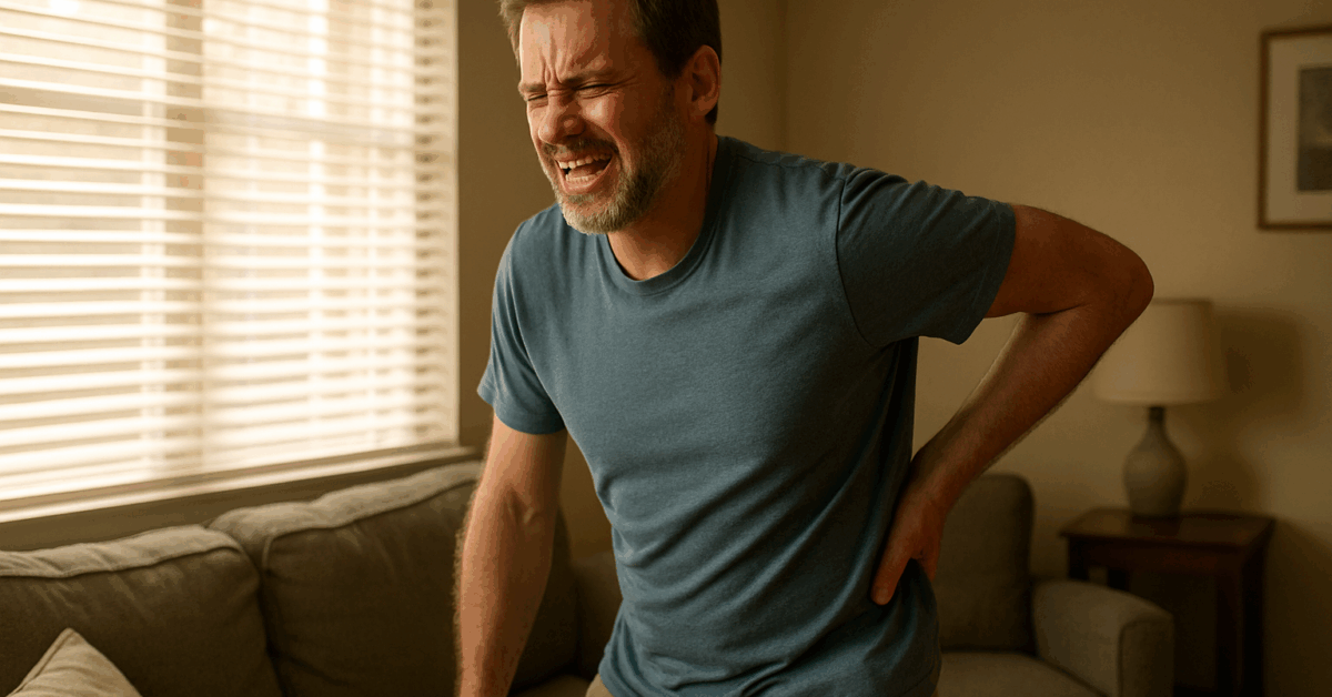 Man holding his back in pain at home after delayed injuries from a car accident in Houston. Attorney Don McClure provides general information for Pasadena and surrounding areas.