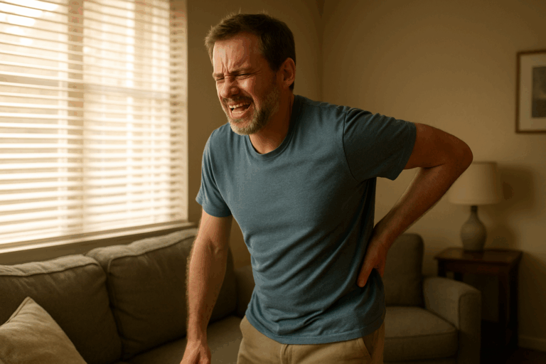 Man holding his back in pain at home after delayed injuries from a car accident in Houston. Attorney Don McClure provides general information for Pasadena and surrounding areas.