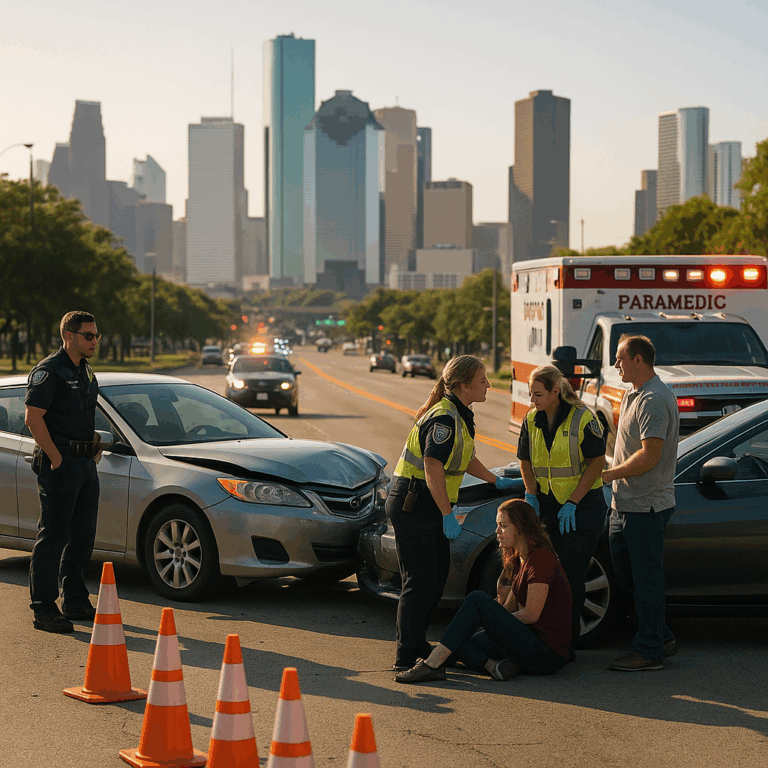 Aftermath of a car wreck in Houston with two vehicles stopped and responders assisting safely