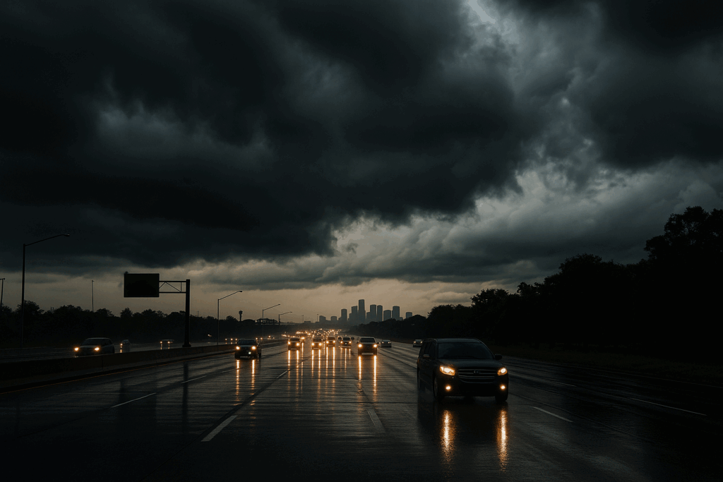 Cars driving in Houston during heavy rain with dark clouds, showing how weather can lead to common mistakes new drivers make