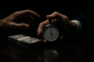 A person holding a stopwatch next to a stack of cash, symbolizing the waiting time for a settlement after a car wreck in Pasadena, Texas.