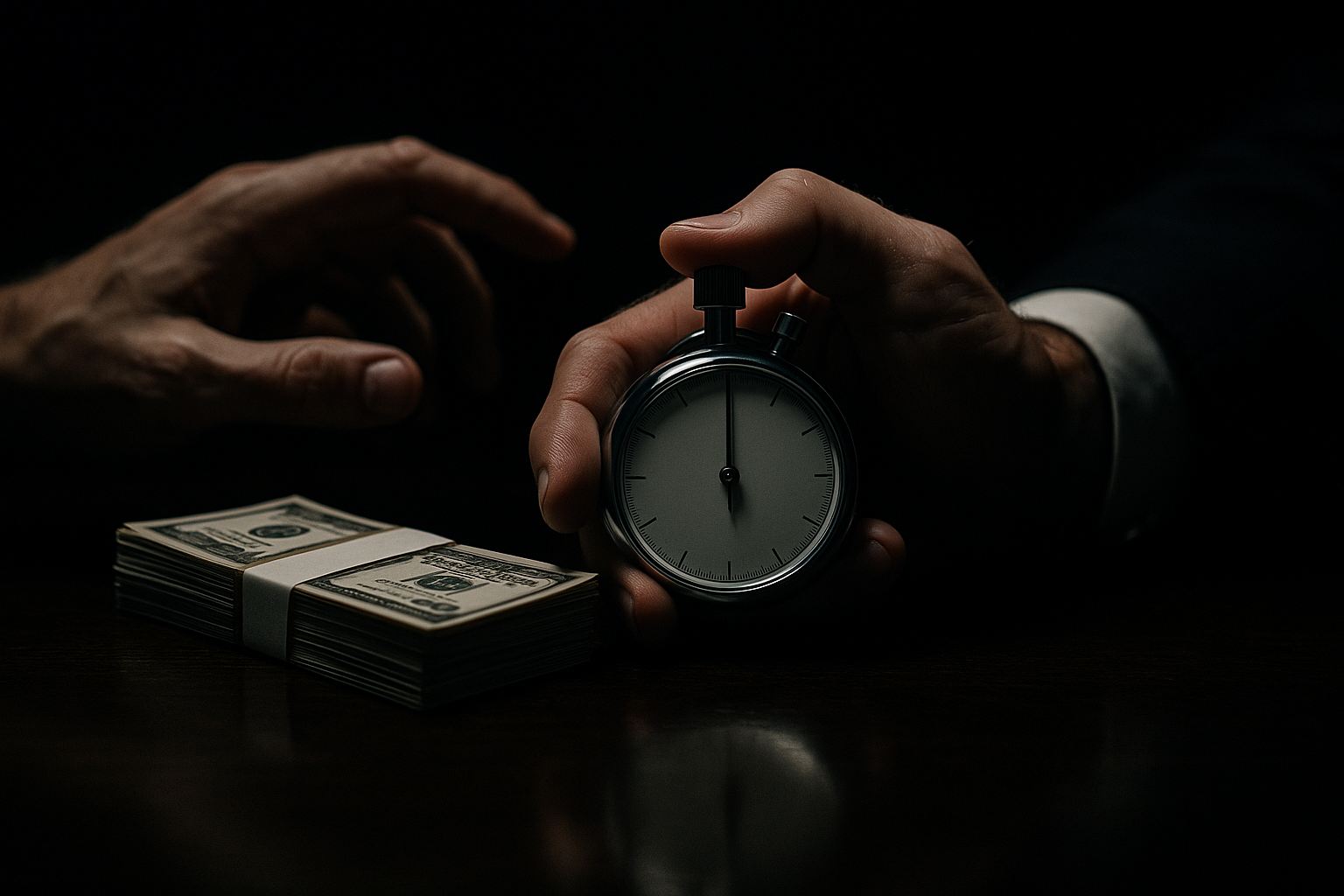 A person holding a stopwatch next to a stack of cash, symbolizing the waiting time for a settlement after a car wreck in Pasadena, Texas.