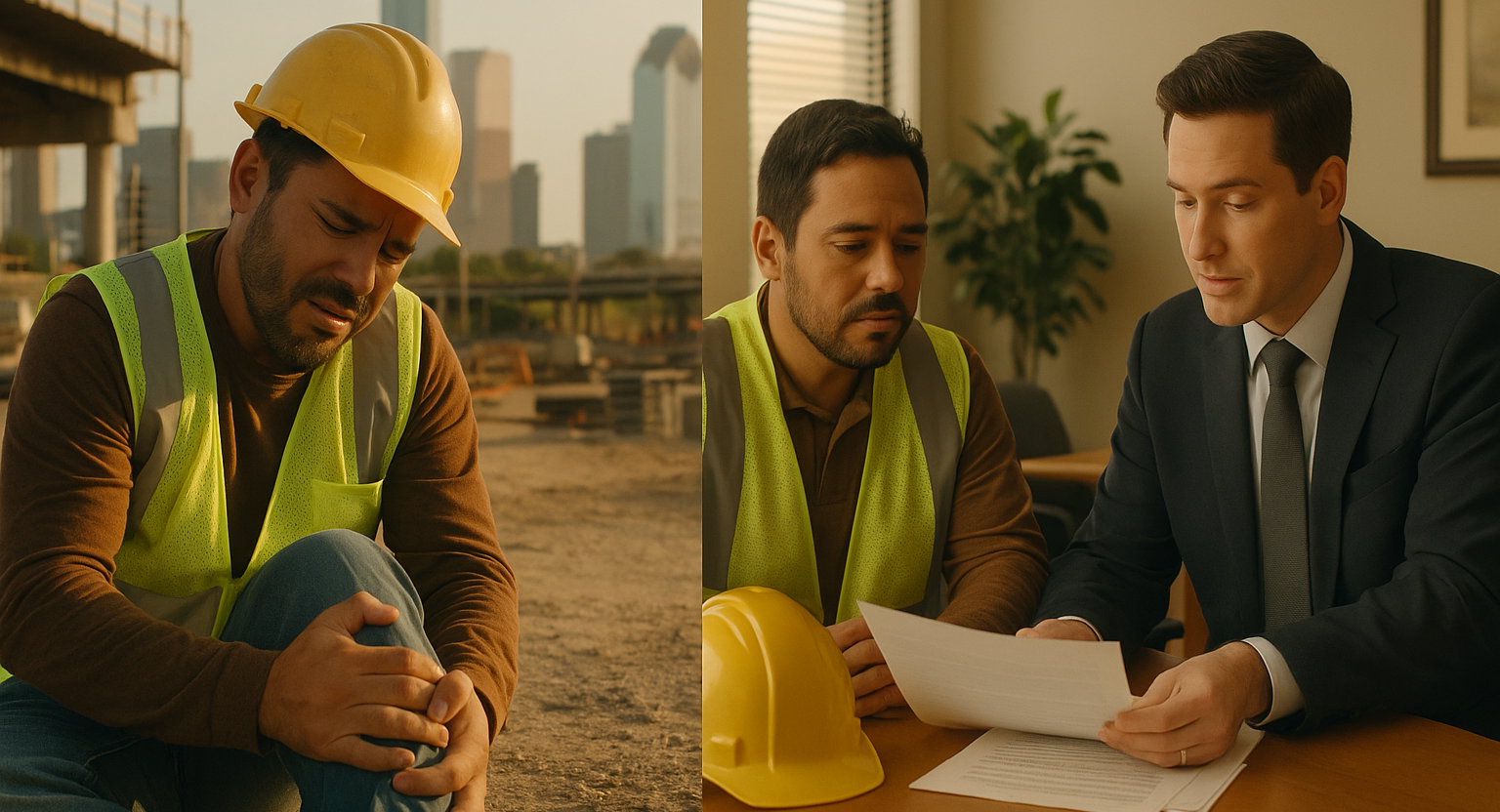 Injured construction worker in Houston consulting with an attorney about third-party liability after a work injury.