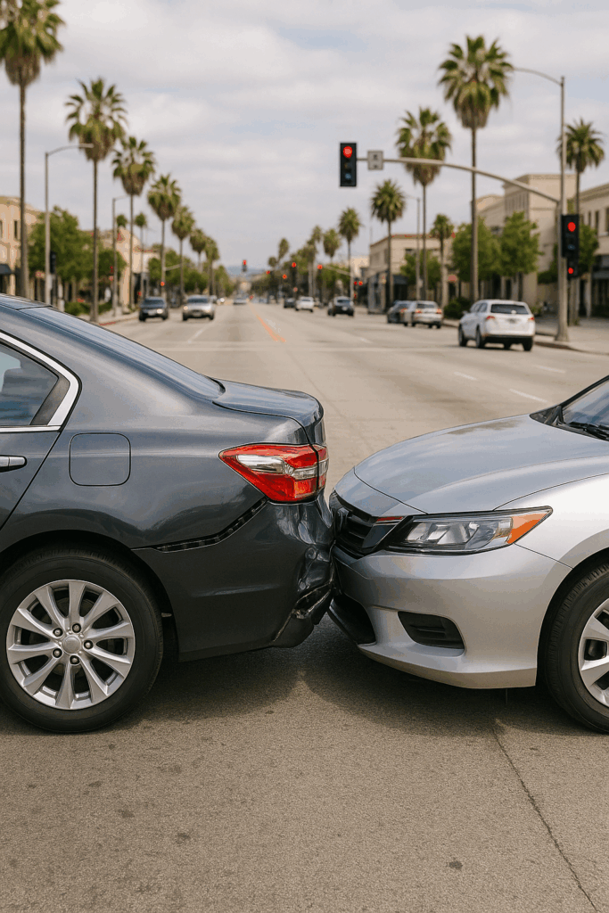 Two cars involved in a rear-end collision under a Pasadena, Texas street sign, showing vehicle damage on a busy road.