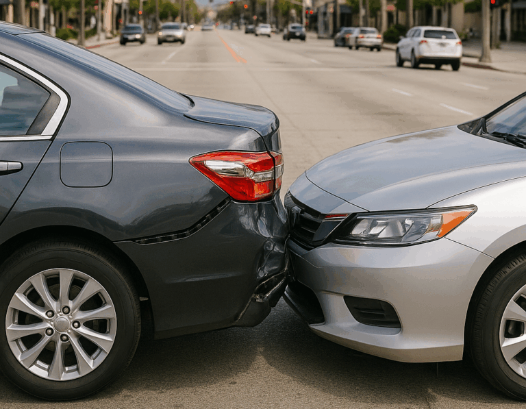 Two cars involved in a rear-end collision under a Pasadena, Texas street sign, showing vehicle damage on a busy road.