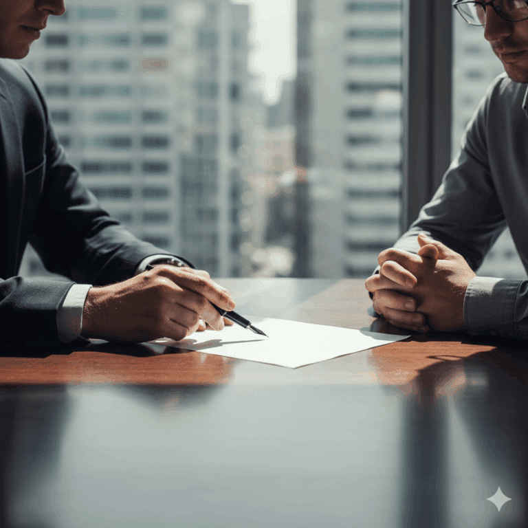 Two men discussing a legal settlement document after a car wreck in Pasadena, Texas, with city buildings visible through the window.