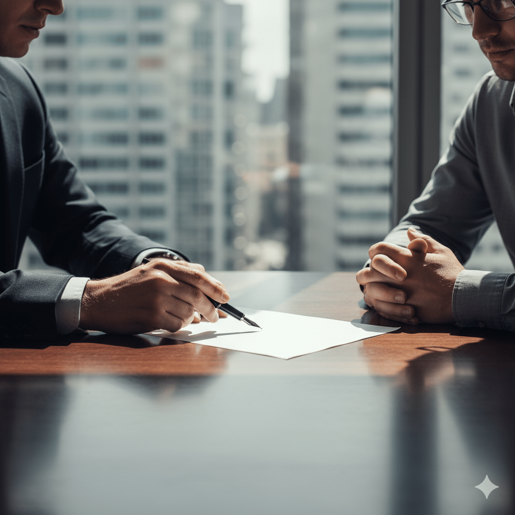 Two men discussing a legal settlement document after a car wreck in Pasadena, Texas, with city buildings visible through the window.