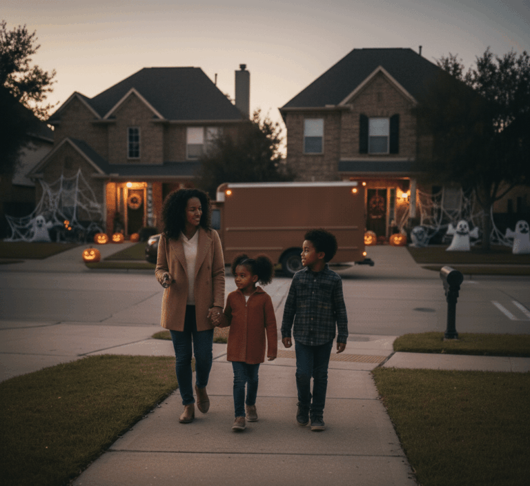 Family walking near a delivery truck in a Houston neighborhood during the holidays, showing safety tips to prevent a delivery truck accident Houston.