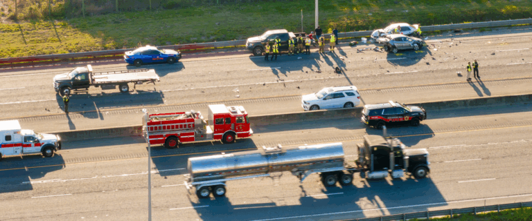First responders attend the scene of a multi-vehicle accident on a busy highway. Firefighters, paramedics, and police officers work around damaged cars while emergency vehicles, including fire trucks and ambulances, are parked nearby. A large semi-truck passes on the opposite side of the road.