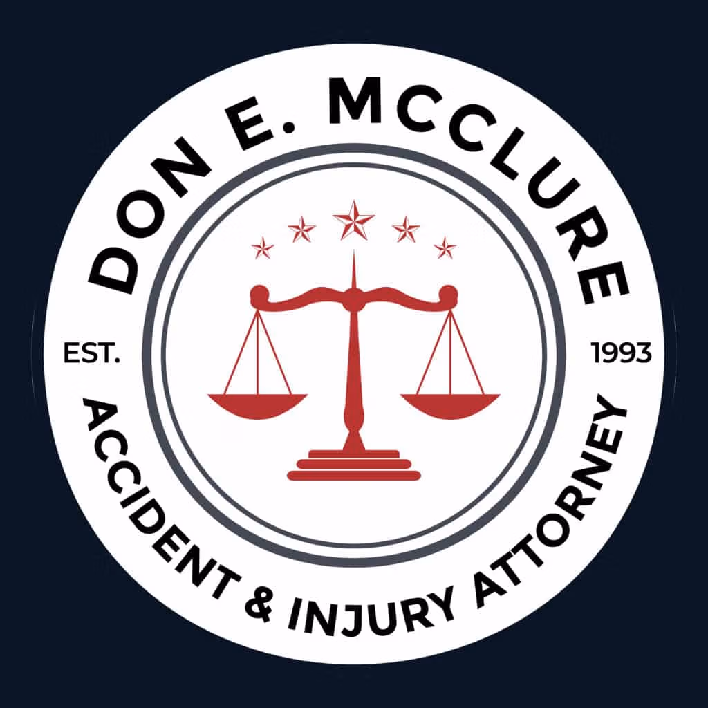 Logo of the Law Office of Don E. McClure, Jr. professional seal, established 1993, for accident and injury legal services in Houston.