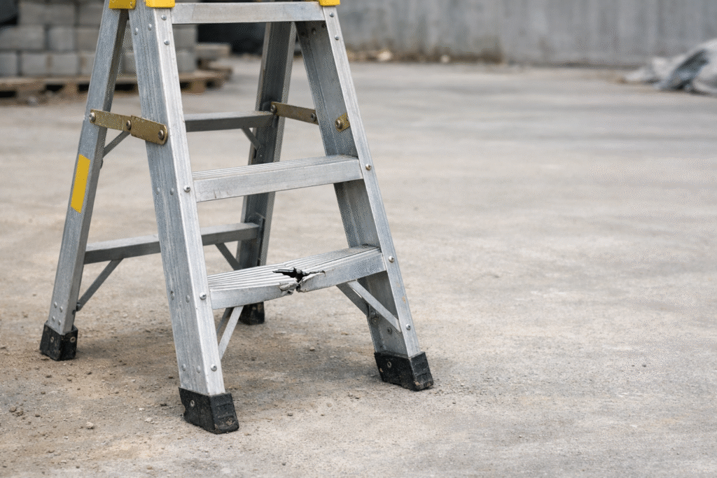 Defective ladder at a worksite with a broken step, an example of equipment that may cause a work injury.