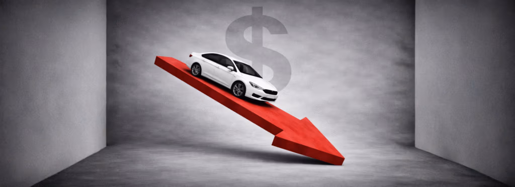 Illustration of a white car on a downward arrow representing diminished value after a car accident