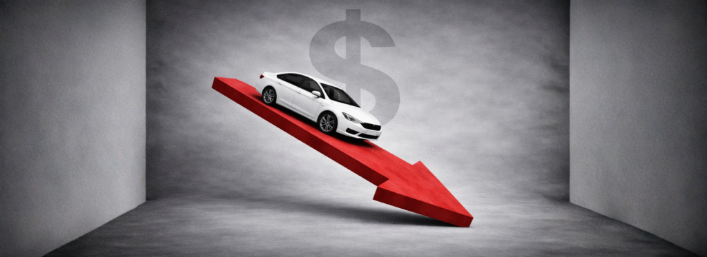 Illustration of a white car on a downward arrow representing diminished value after a car accident