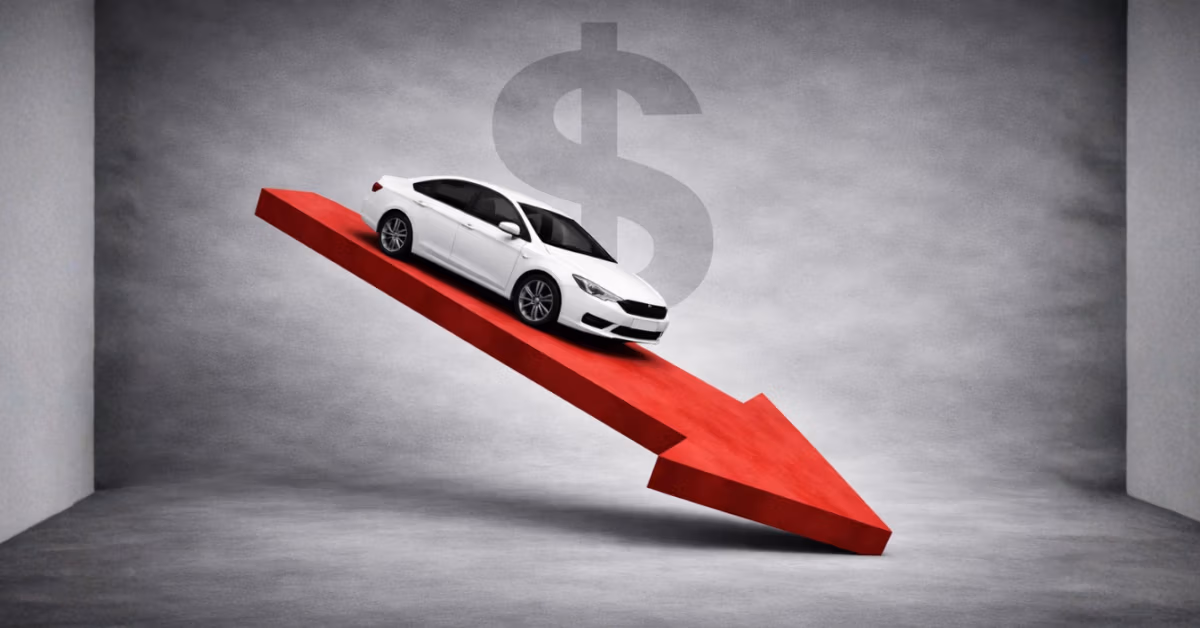 Illustration of a white car on a downward arrow representing diminished value after a car accident
