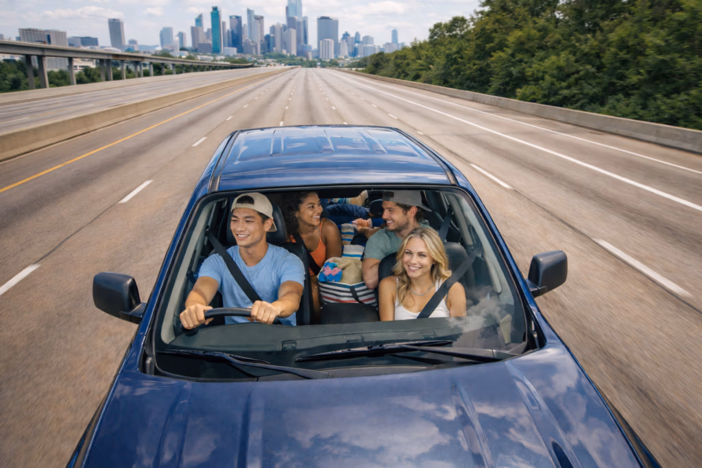 Aerial view of a pickup truck carrying four university students wearing seatbelts, driving alone on an empty Houston highway in bright daylight, with the downtown skyline visible in the background.
