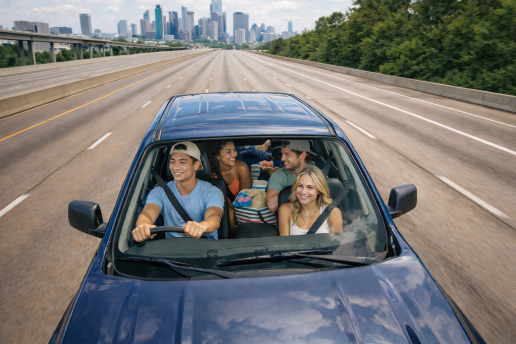 Aerial view of a pickup truck carrying four university students wearing seatbelts, driving alone on an empty Houston highway in bright daylight, with the downtown skyline visible in the background.