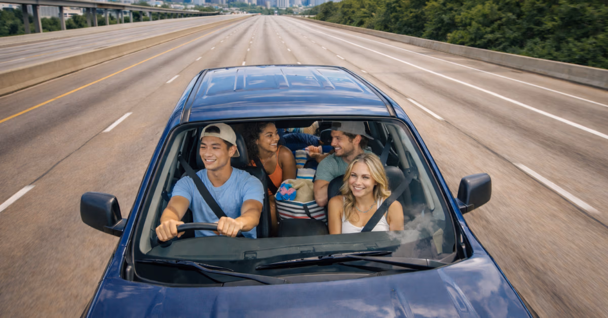 Aerial view of a pickup truck carrying four university students wearing seatbelts, driving alone on an empty Houston highway in bright daylight, with the downtown skyline visible in the background.