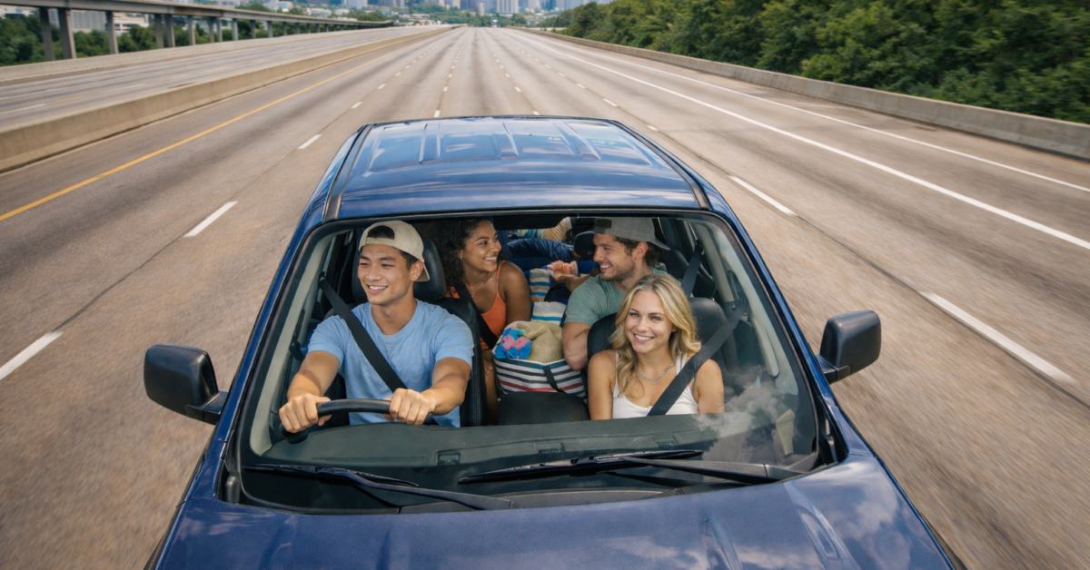 Aerial view of a pickup truck carrying four university students wearing seatbelts, driving alone on an empty Houston highway in bright daylight, with the downtown skyline visible in the background.