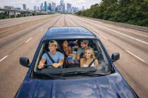 Aerial view of a pickup truck carrying four university students wearing seatbelts, driving alone on an empty Houston highway in bright daylight, with the downtown skyline visible in the background.