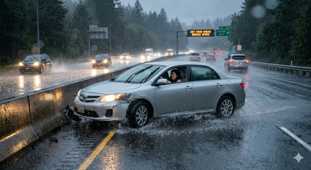 Hydroplaning accidents Houston roadway scene showing wet conditions and loss of control, as discussed by Attorney Don McClure