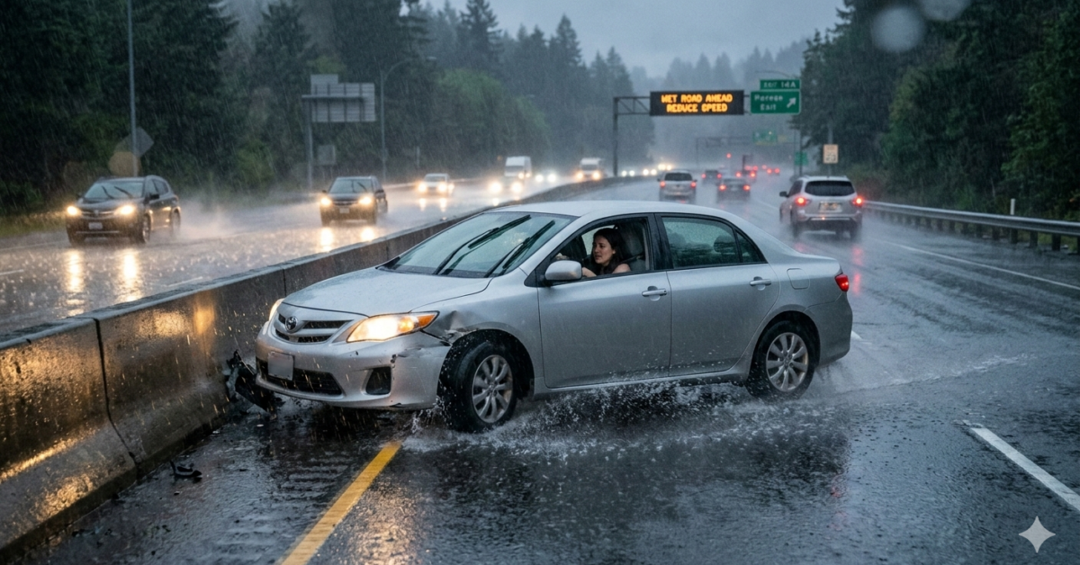 Hydroplaning accidents Houston roadway scene showing wet conditions and loss of control, as discussed by Attorney Don McClure