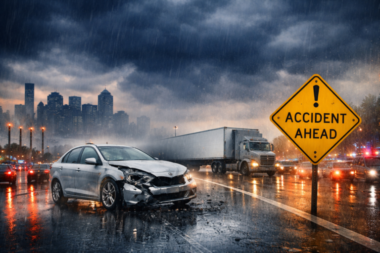 Rainy weather crash in Houston with commercial truck and vehicle, highlighting spring accident risks explained by Attorney Don McClure