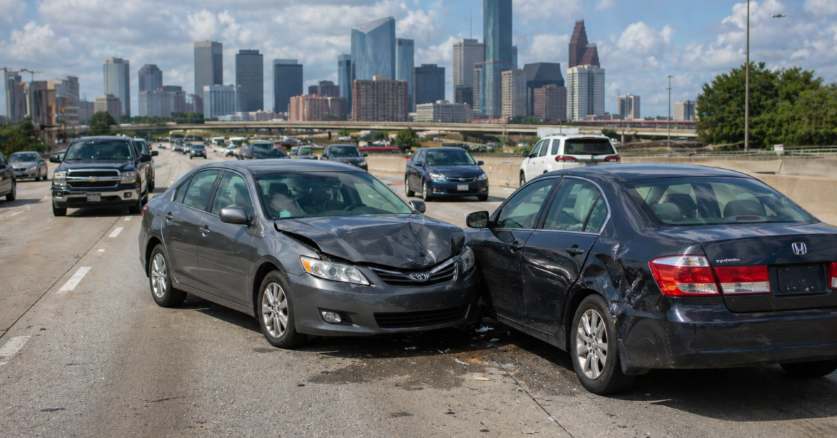 Damaged cars after a Houston car accident on a busy Texas roadway