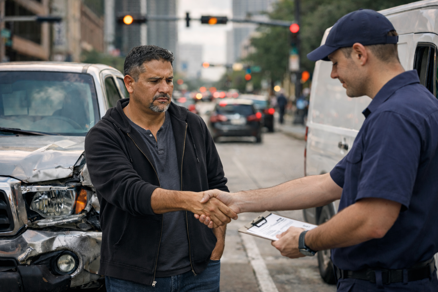 Driver and delivery worker exchanging information after car accident in Houston