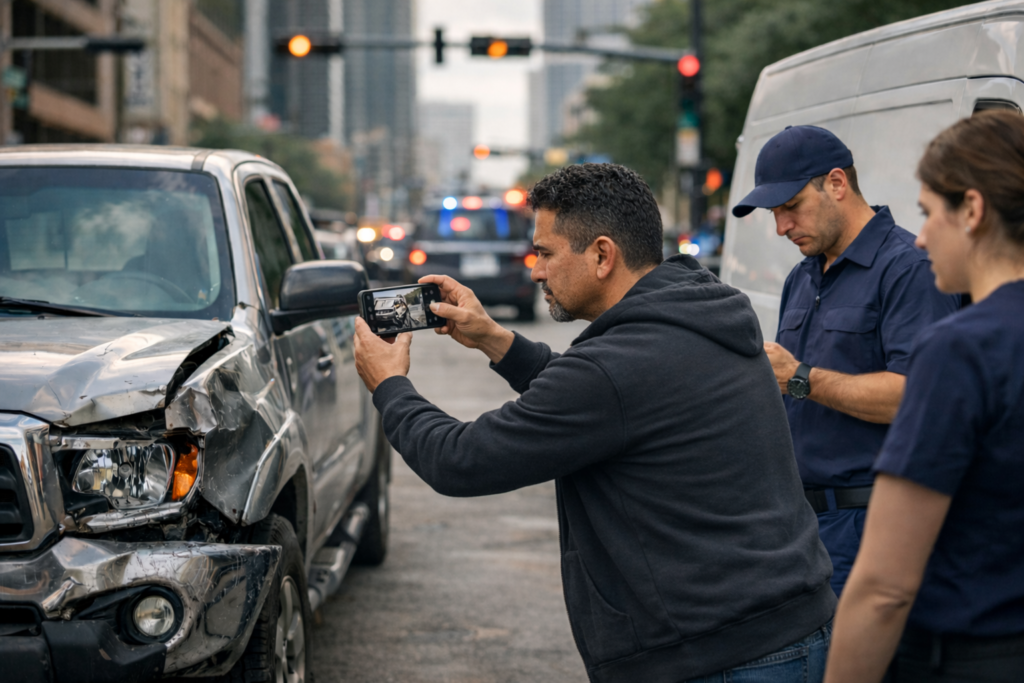Man taking photos of vehicle damage after car accident in Houston street