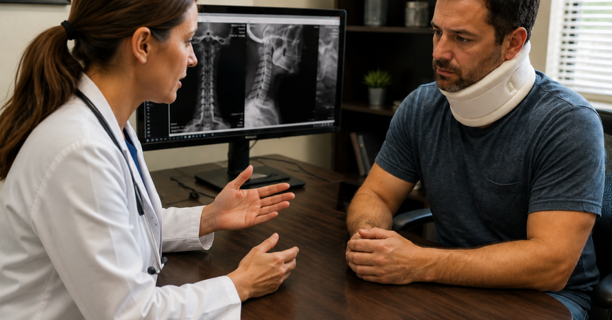 Truck accident victim reviewing future medical expenses with healthcare provide