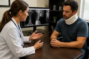 Truck accident victim reviewing future medical expenses with healthcare provide