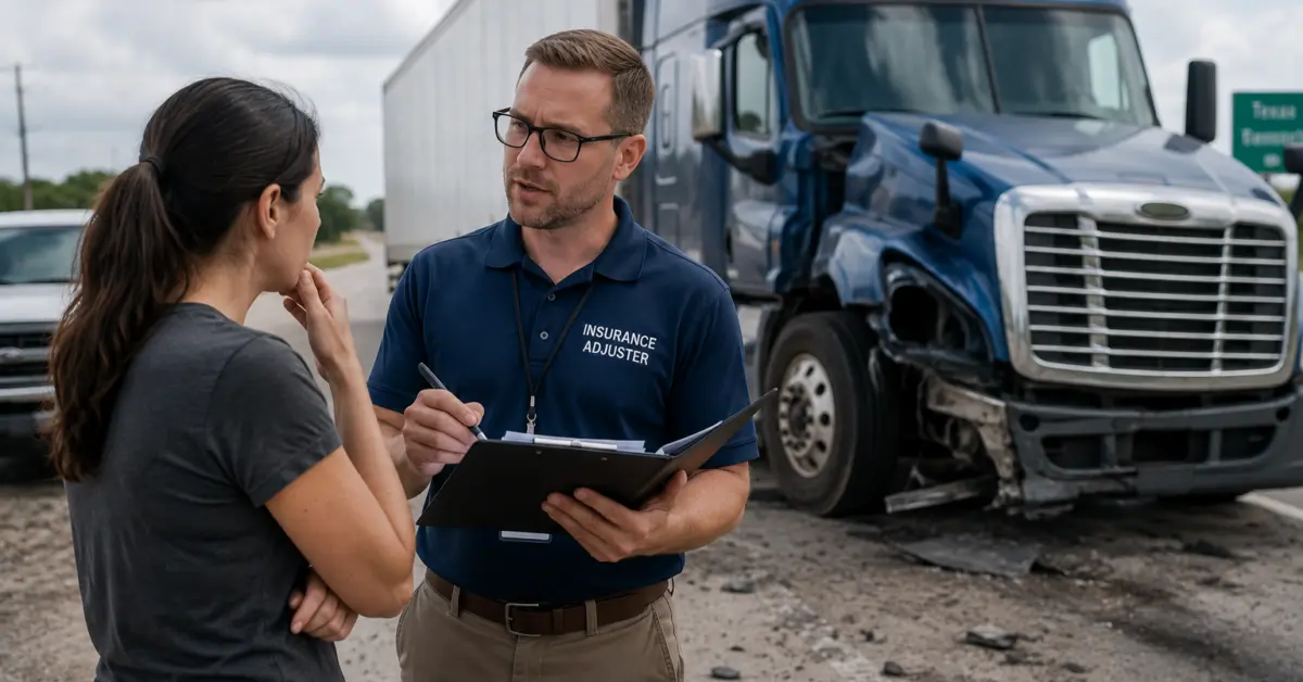 Insurance adjuster speaking with a truck accident victim after an 18-wheeler crash in Texas