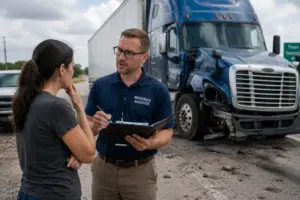Insurance adjuster speaking with a truck accident victim after an 18-wheeler crash in Texas