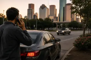 Houston driver dealing with the aftermath of a hit and run accident