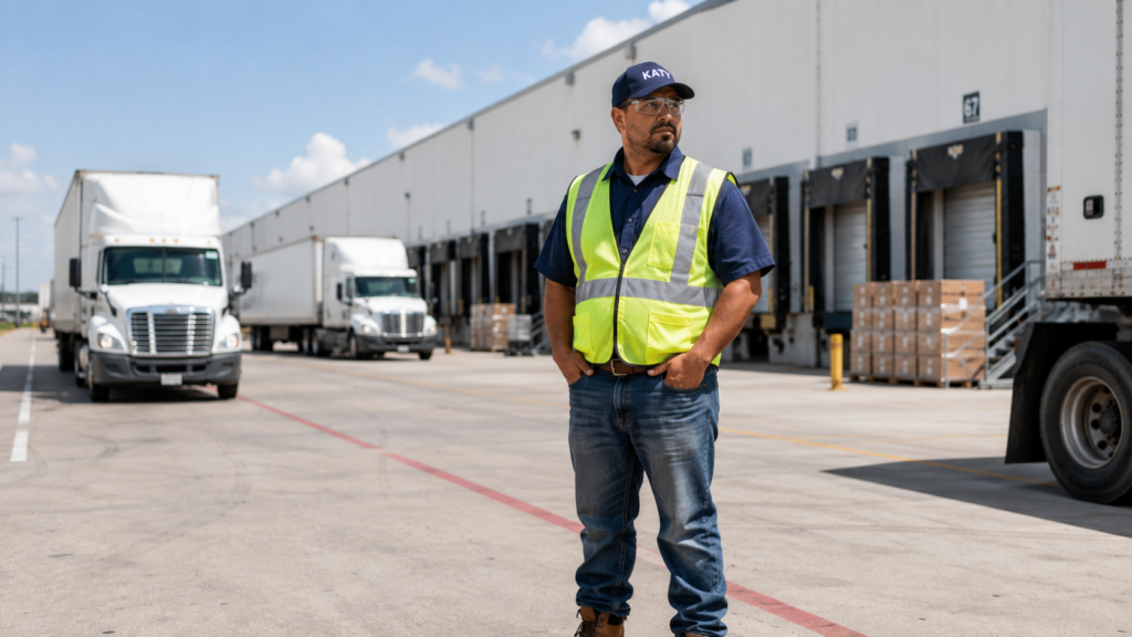 Warehouse worker in Katy Texas near loading dock and delivery trucks