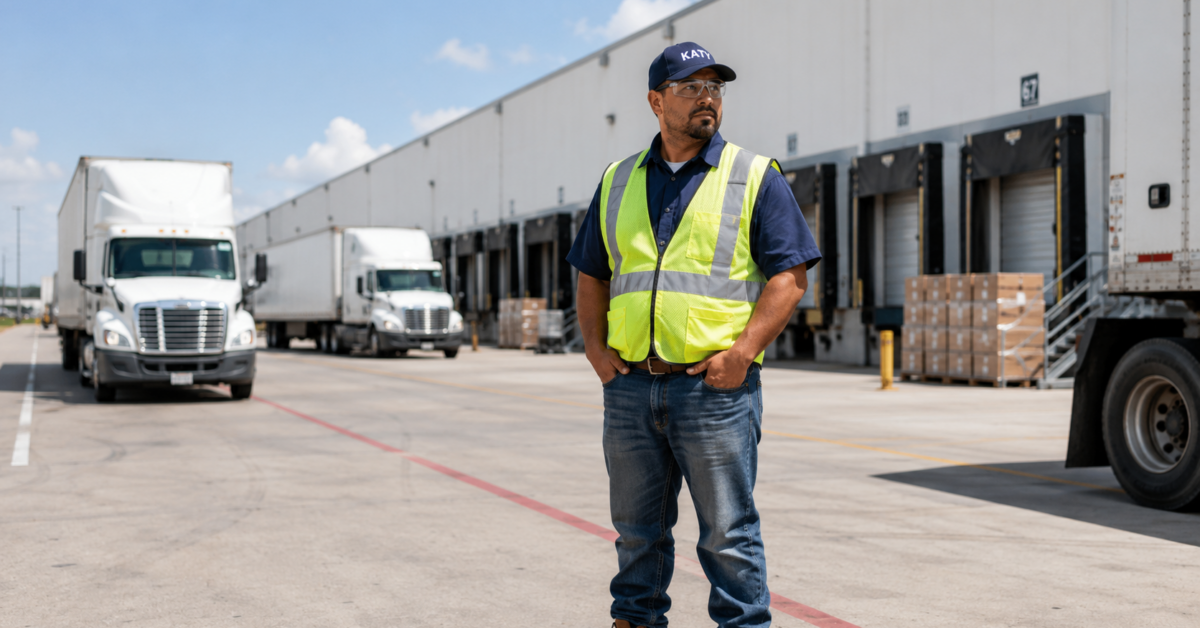 Warehouse worker in Katy Texas near loading dock and delivery trucks